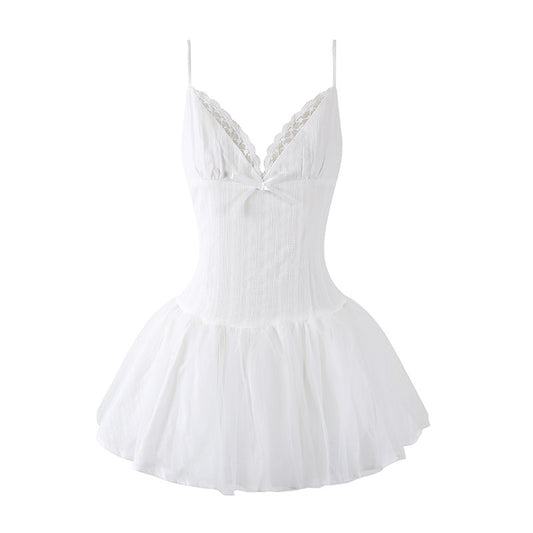 Fancy Spaghetti Straps A-Line Mini Dress Girly Corset Summer Party Outfits White Bow Tulle Short Dress AP6782