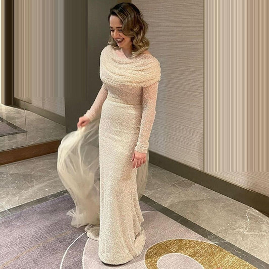 New Tendency Beige Wedding Dress Long Sleeve Sheath Bridal Party Boat Neck Sequins Bridal Outfits AP6793