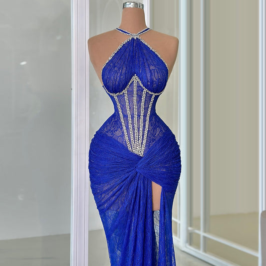 Boho Royal Blue Halter Neck Prom Dress Sheath Formal Wear Beading Lace Evening Dress AP6794