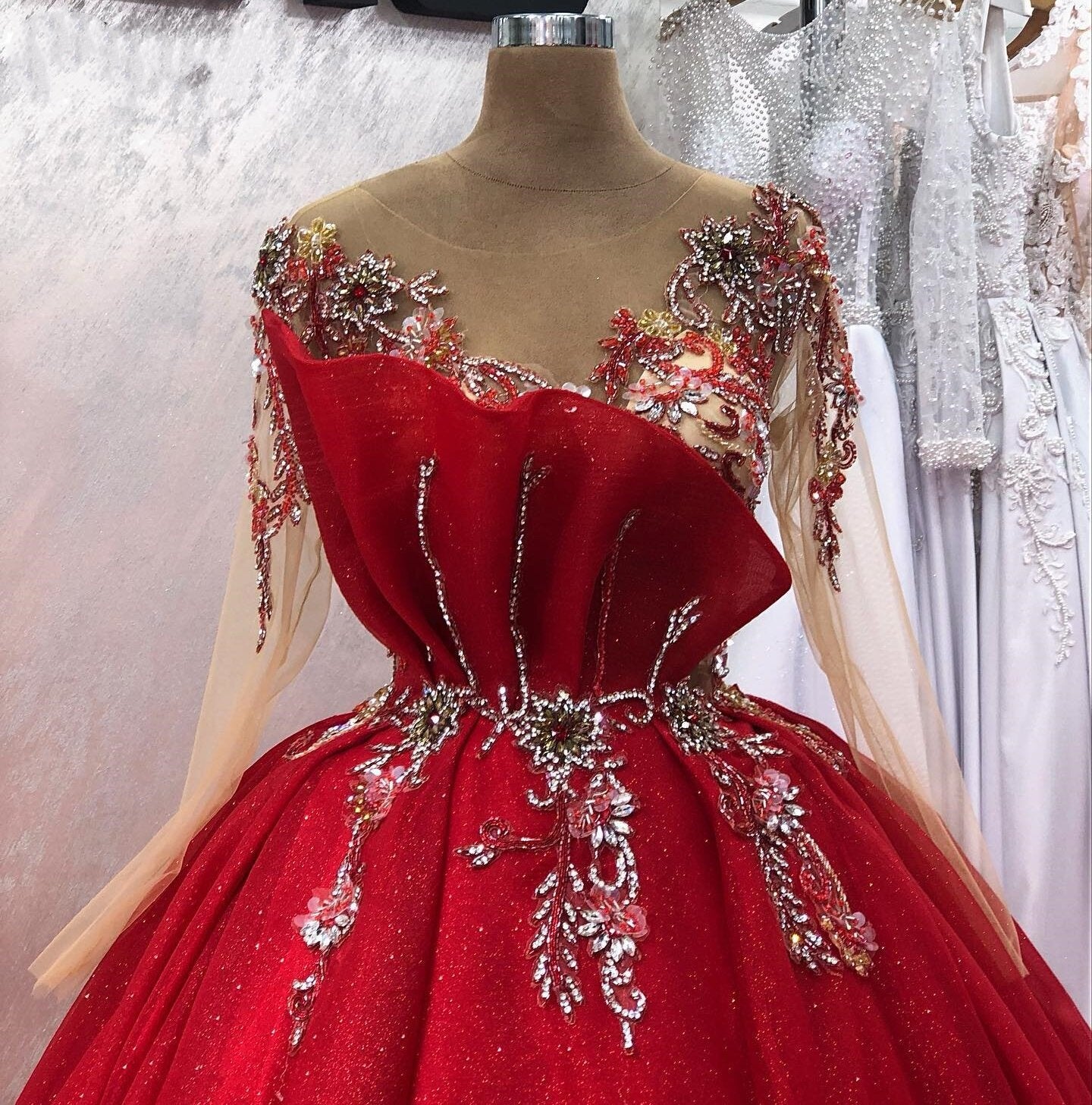 Beautiful A-Line Red Prom Dress Long Sleeve Illusion Neck Evening Gowns Beaded Formal Dress AP6797
