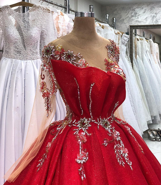 Beautiful A-Line Red Prom Dress Long Sleeve Illusion Neck Evening Gowns Beaded Formal Dress AP6797