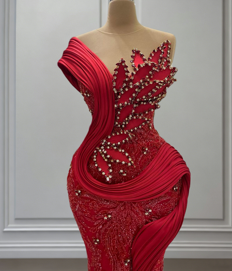 Wonderful Illusion Neck Prom Dress Red Mermaid Beading Sequins Evening Dress AP6801