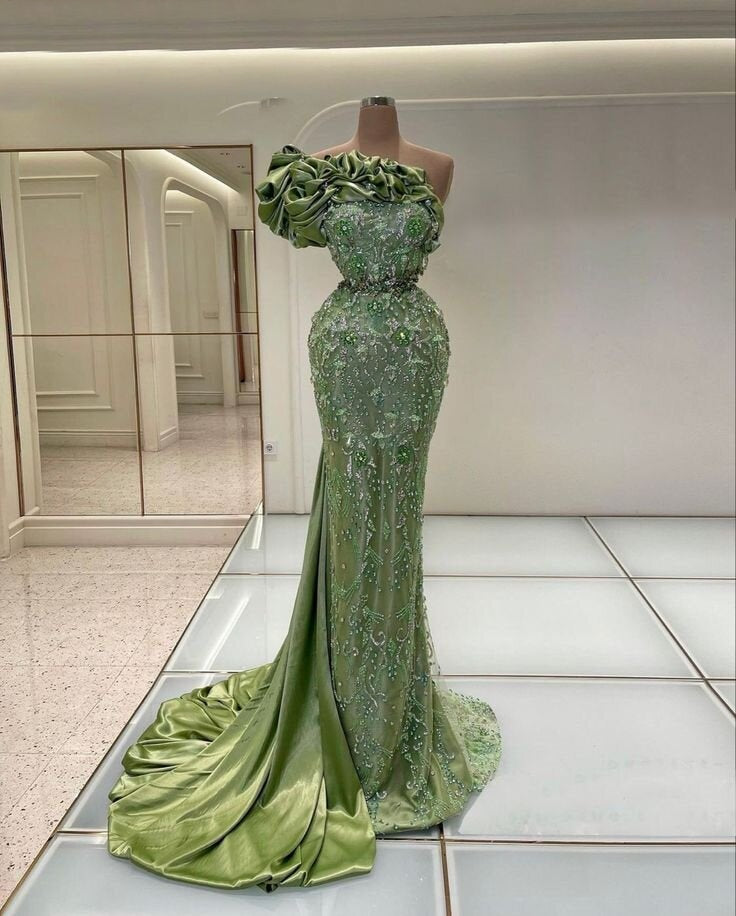 Appealing One Shoulder Green Prom Dress Beading Ruffled Mermaid Evening Dress AP6803