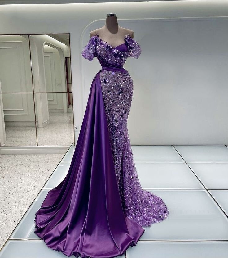 Fascinating Off-Shoulder Purple Prom Dress Sequins Beaded Mermaid Evening Dress AP6804