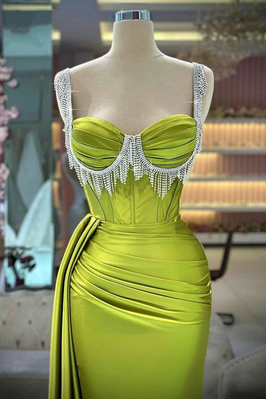 Splendid Spaghetti Strap Prom Dresses Green Sheath Evening Dress Beaded Tassel Formal Outfit AP6805
