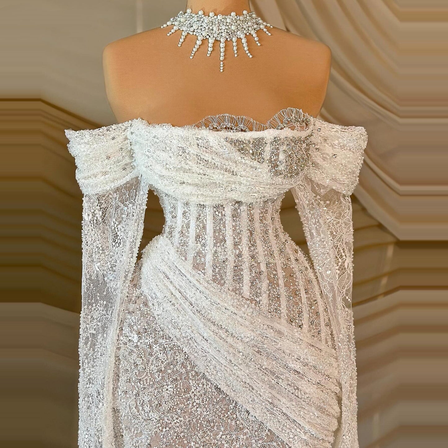 Dainty Off-Shoulder Wedding Dress Lace Long Sleeve Bridal Outfit Beaded Mermaid Bridal Dress AP6812