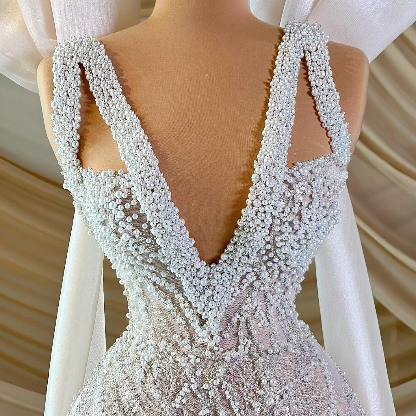 Victorian-Inspired V Neck Wedding Dress Sheath Evening Outfit Beaded Bridal Outfit AP6815