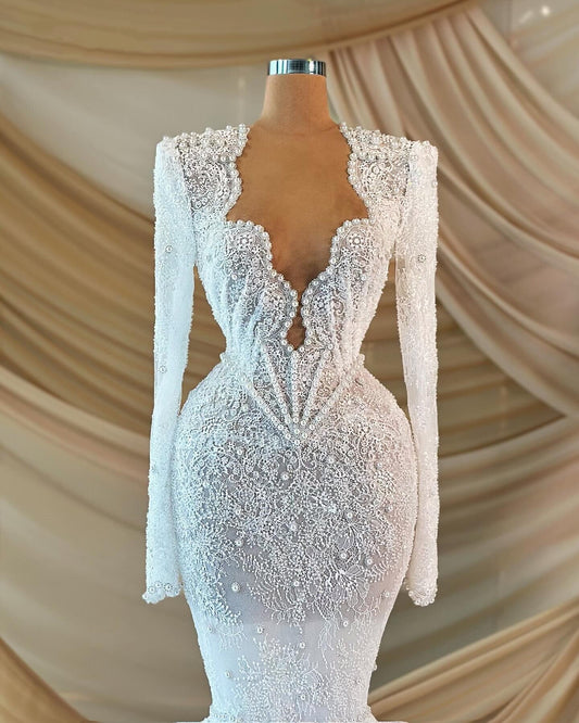 Classy V Neck Tiered Wedding Dress Mermaid Long Sleeve Bridal Outfit Beads Lace Bridal Dress AP6816