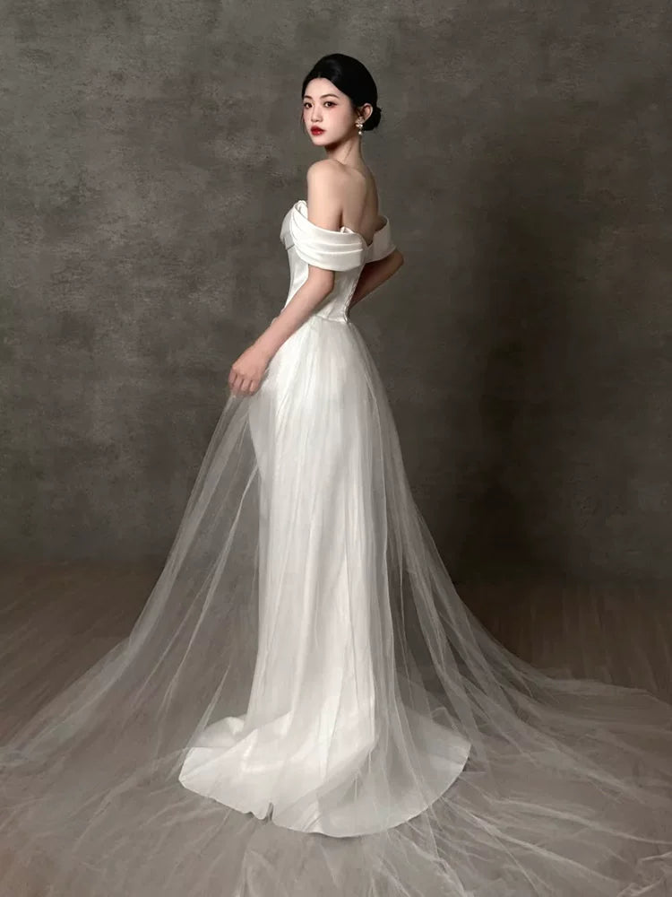 Fantastic Off-Shoulder Slit Wedding Dress Sheath Satin Bridal Outfit Tulle Bridal Dress AP6832