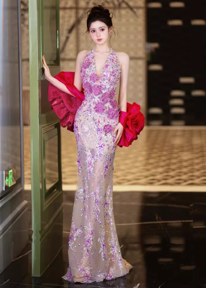 Artistic Halter Neck Prom Dress Mermaid Evening Dress Sequins Appliques Formal Outfit AP6834