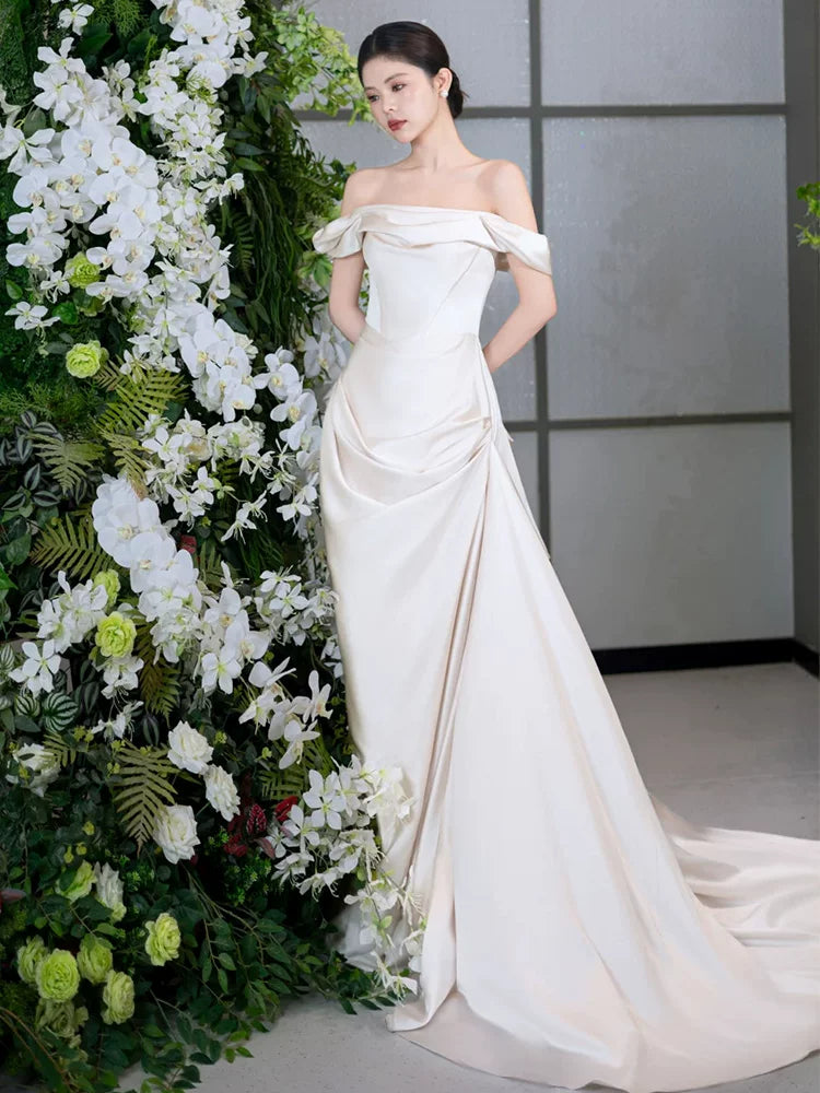 French Style Off-Shoulder Wedding Dress Satin A-Line Bridal Dress AP6850
