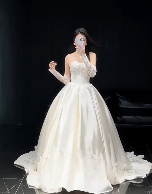 Flowy Strapless Satin Wedding Dress Bows Lace A-Line Bridal Gowns AP6854