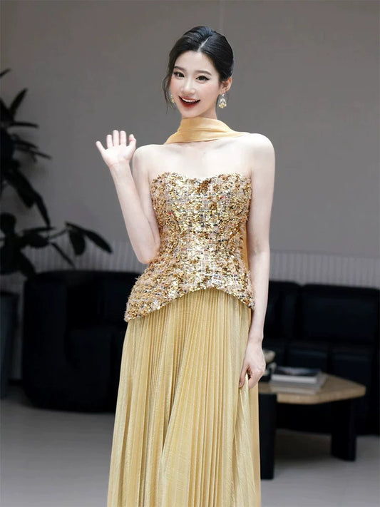Playful Strapless Prom Dresses Gold Sequins Evening Outfit Pleated A-Line Formal Dress AP6857