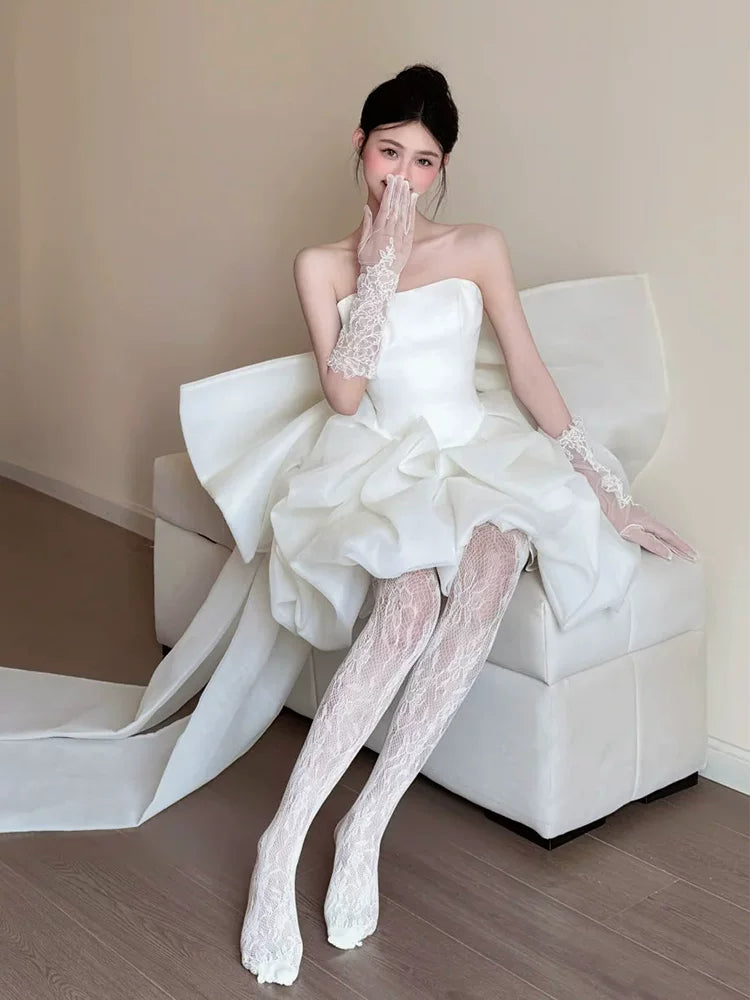 Adorable A-line White Homecoming Dress Ideas Strapless Ruffled Hoco Dress With Bow Train AP6858