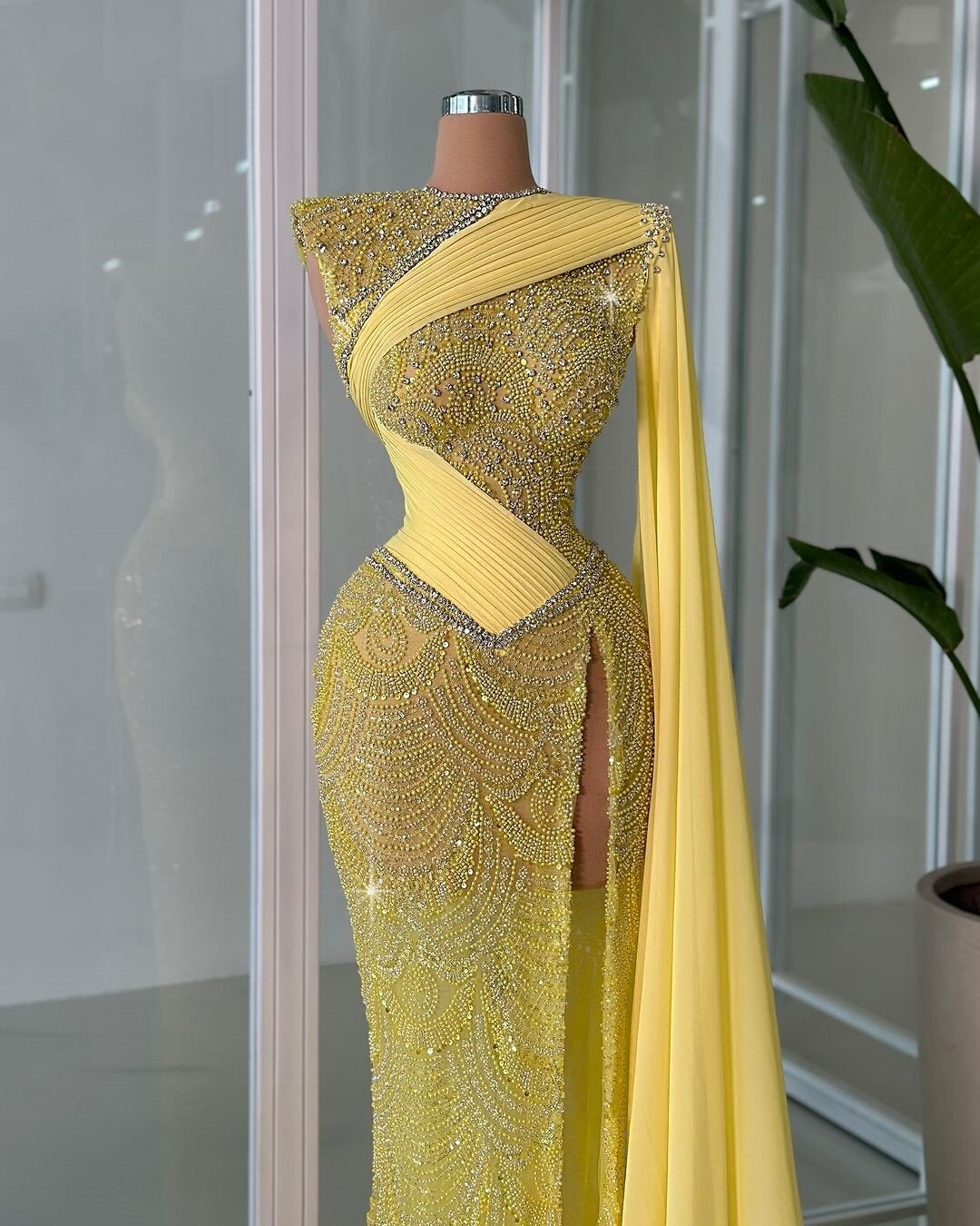 Pretty Slit Yellow Prom Dress Long Sleeve Sheath Beaded Formal Dress AP6870