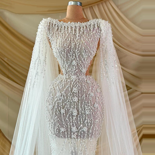 Delicate Sheath Jewel Neck Wedding Dress Tulle Long Sleeve Cape Beaded Bridal Outfit AP6873