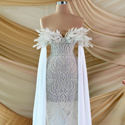 Retro Off-Shoulder Beaded Wedding Dress Sheath Bridal Dress AP6876