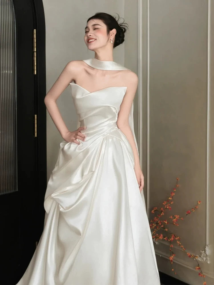 Y2K Style Strapless Satin Wedding Dress With Scarf Ruched A-Line Bridal Gown AP6879