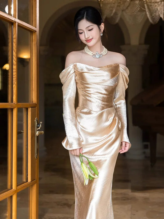Boho-Inspired Off-Shoulder Gold Prom Dress Long Sleeve Sheath Formal Outfit AP6880