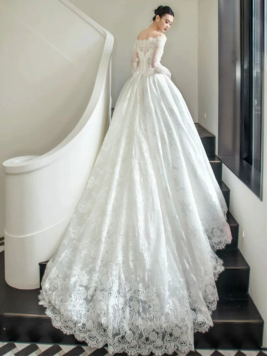 Lovely Off-Shoulder A-Line Wedding Dress Lace Long Sleeve Detachable Train Bridal Outfit AP6882