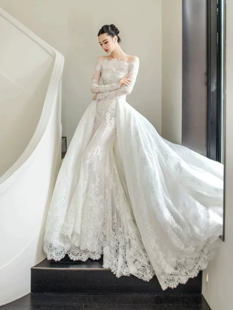 Lovely Off-Shoulder A-Line Wedding Dress Lace Long Sleeve Detachable Train Bridal Outfit AP6882