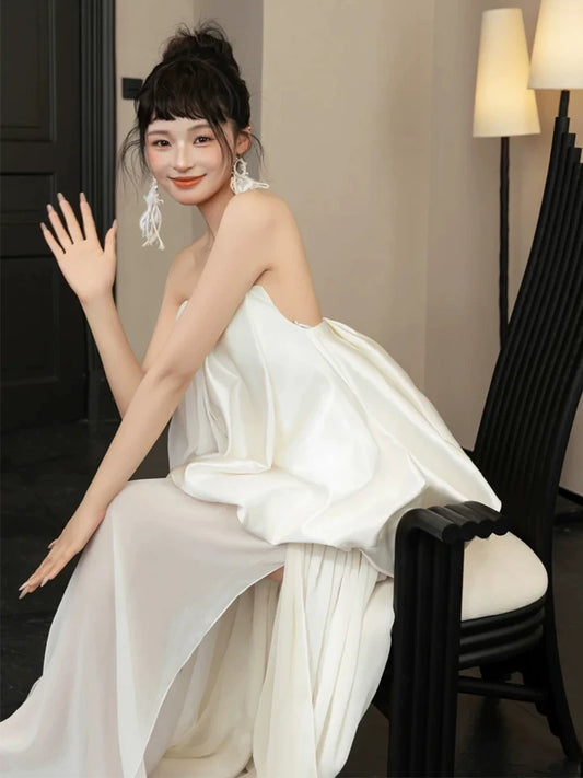 Flowy Strapless Slit Wedding Dress Tiered Sheath Bridal Gown AP6887