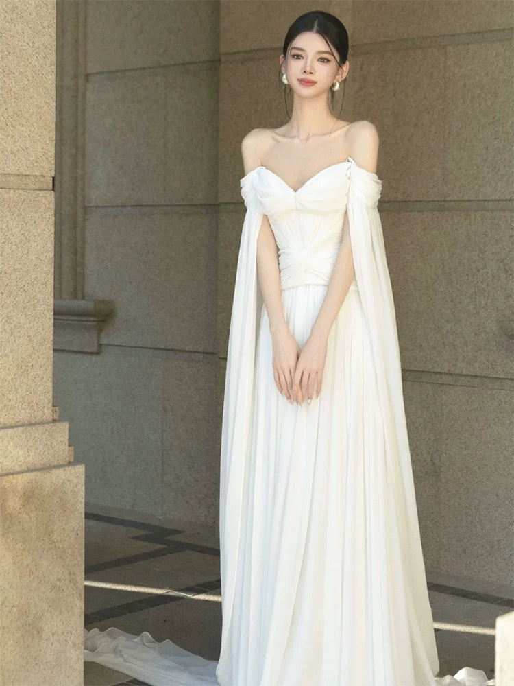Amazing Off-Shoulder A-Line Wedding Dress White Flowy Bridal Outfit AP6889