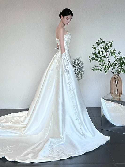 Appealing A-Line Satin Wedding Dress Strapless Sequins Beaded Bridal Outfit AP6890