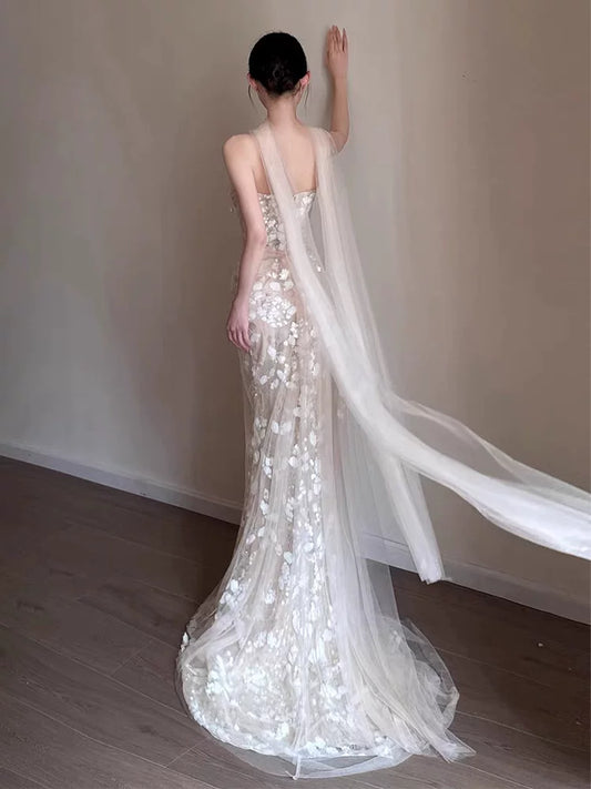Sleek Strapless Beige Mermaid Prom Dress With Scarf Sequins Beading Formal Dress AP6897