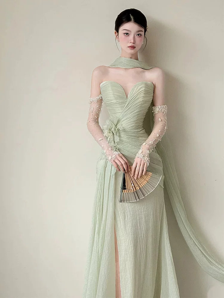 Dainty Strapless Mermaid Light Green Prom Dress With Scarf Slit Appliques Beads Formal Dress AP6898