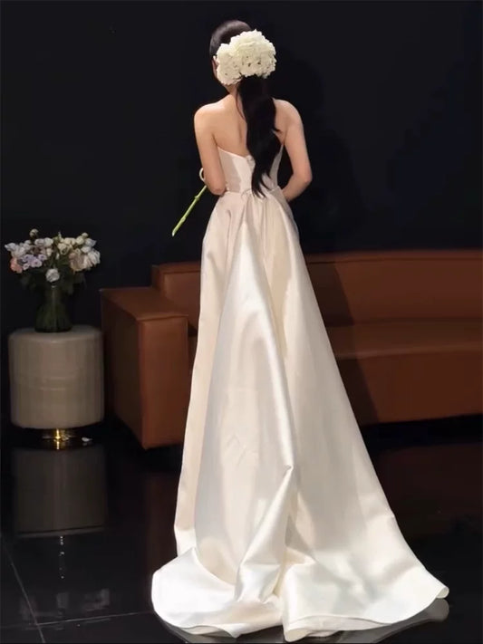 Cozy A-Line Wedding Dress Simple Strapless Satin Bridal Gowns AP6900