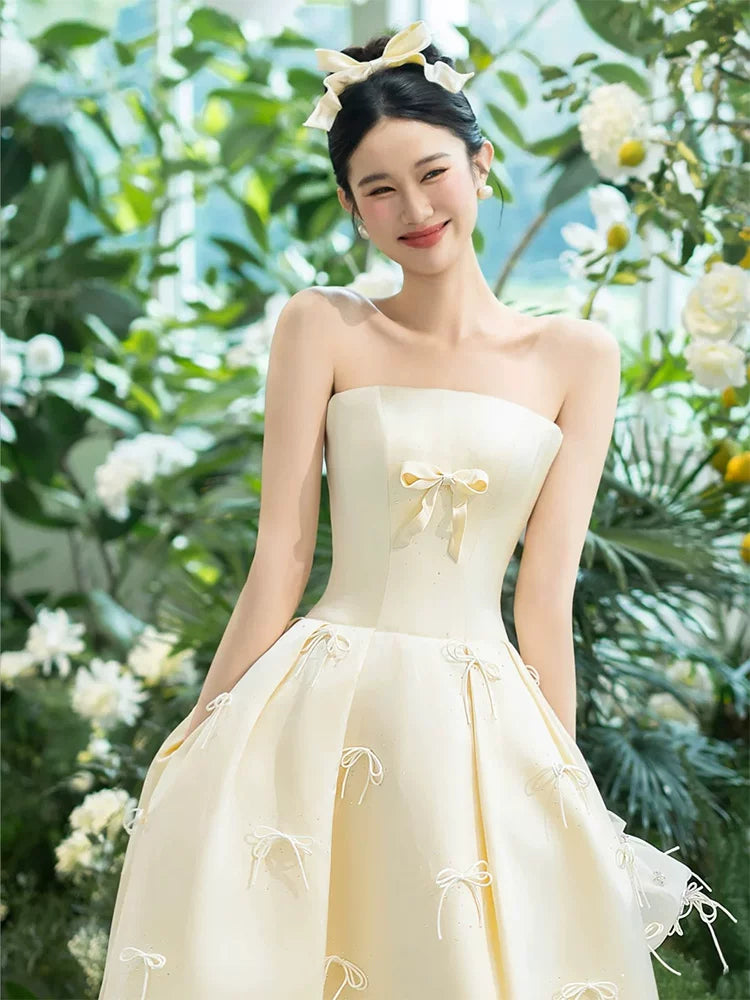Classy Strapless Bows Prom Dresses A-Line Satin Formal Dress AP6902