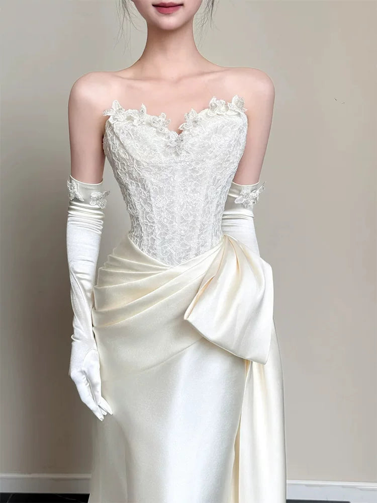 Whimsical Strapless Mermaid Wedding Dress With Sleeves Lace Appliques Bridal Outfit AP6905