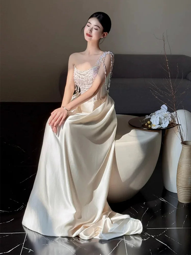 Celestial One Shoulder Wedding Dress Beading Bodice Sheath Bridal Dress AP6909