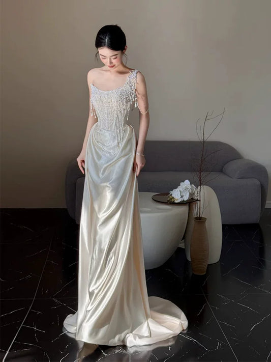 Celestial One Shoulder Wedding Dress Beading Bodice Sheath Bridal Dress AP6909