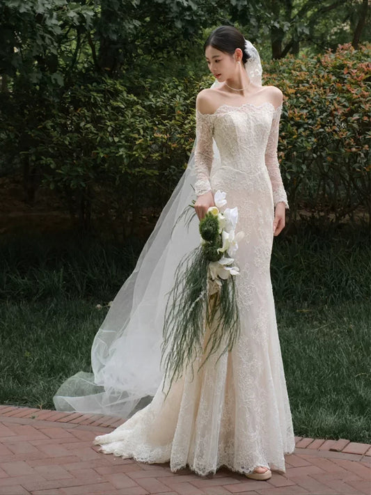 Luxurious Off-Shoulder Long Sleeve Wedding Dress With Veil Sequins Lace Mermaid Bridal Dress AP6913