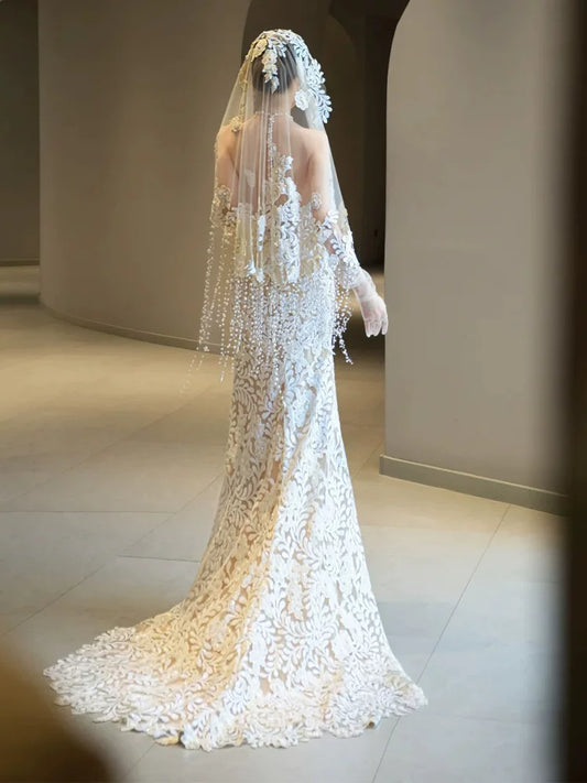 Luxury Halter Neck Wedding Dress With Sleeves Beading Veil Appliques Mermaid Bridal Dresses AP6914
