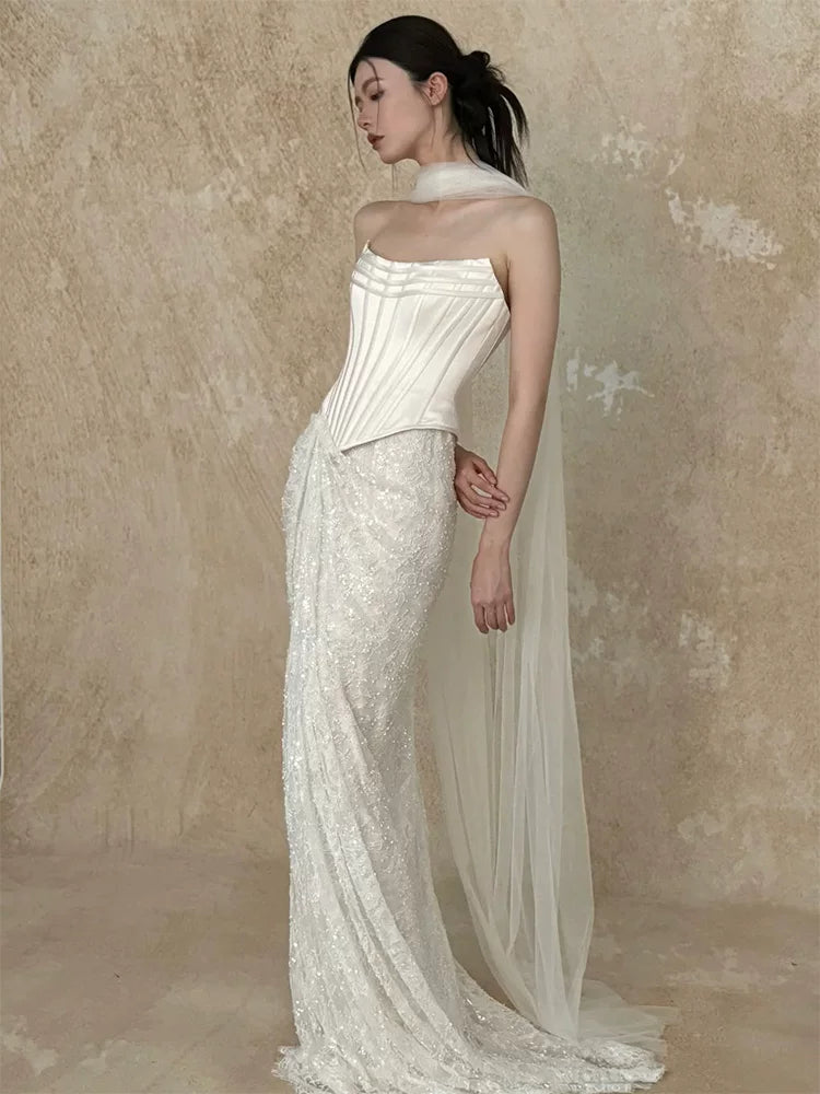 Graceful Strapless Satin Bodice Wedding Dress With Scarf Ideas Sheath Sequins Lace Bridal Dress AP6915