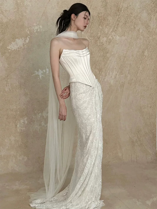 Graceful Strapless Satin Bodice Wedding Dress With Scarf Ideas Sheath Sequins Lace Bridal Dress AP6915