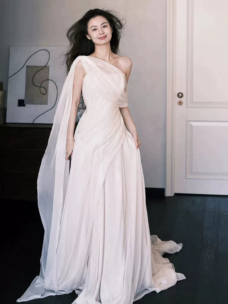 Ethereal A-Line One Shoulder Wedding Dress Inspo Tulle Bridal Gowns AP6924