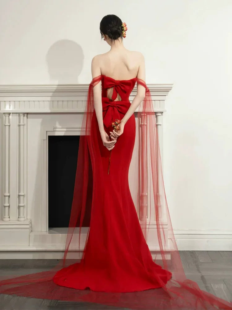 Glamorous Off-Shoulder Mermaid Prom Dress Red Tulle Appliques Evening Dress AP6928
