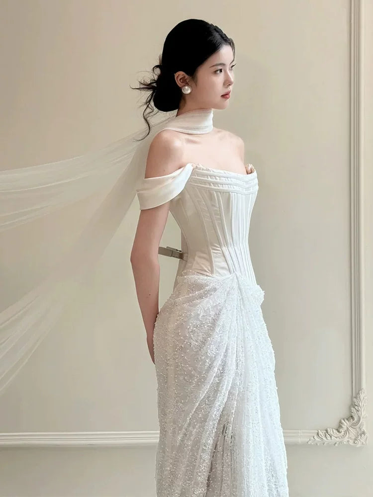 Vibrant Satin Satin Off-Shoulder Wedding Dress Sheath Tulle Bridal Dress AP6933