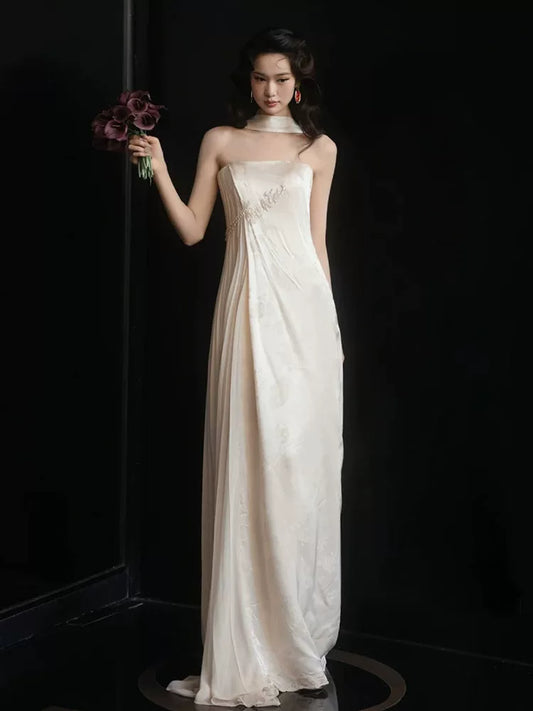 Modern Strapless Appliques Wedding Dress With Scarf Jacquard Sheath Bridal Dress AP6950