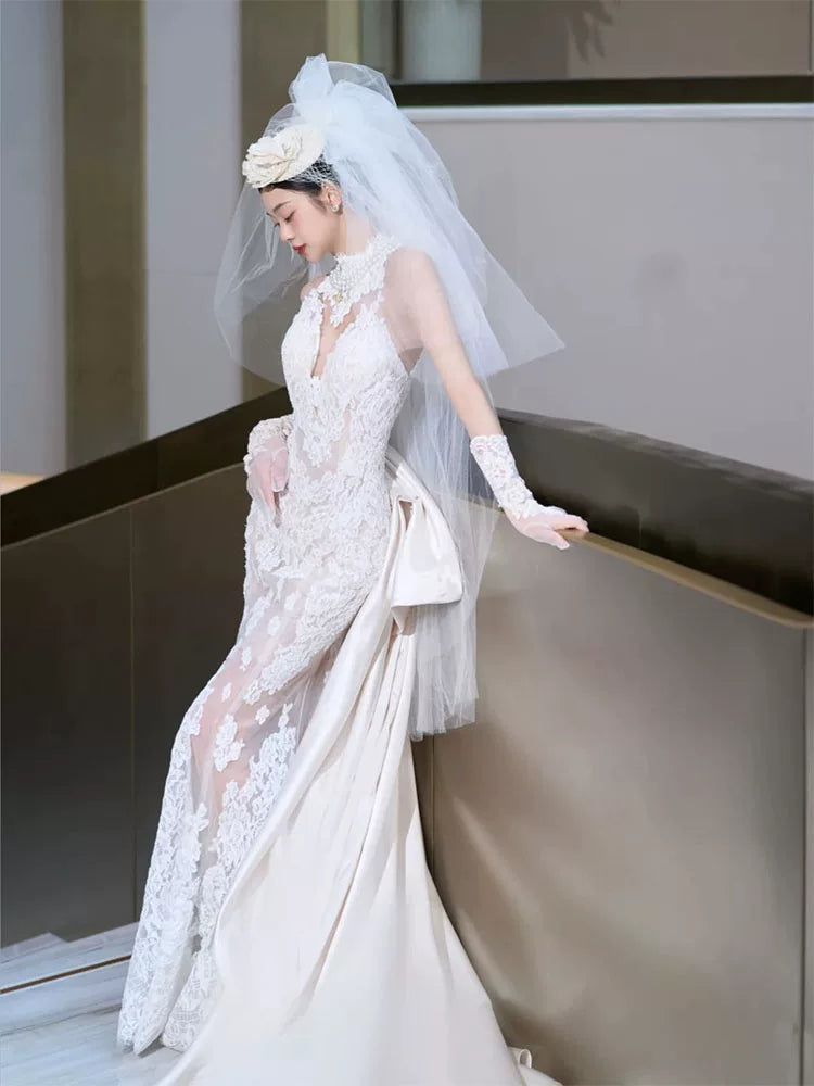 Pretty Halter Neck Wedding Dress With Veil Lace Mermaid Bridal Dresses AP6953