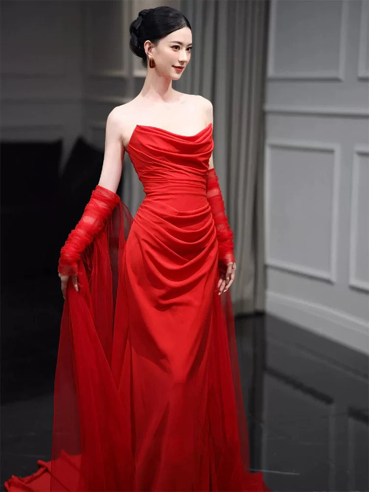 Hot Girls Strapless Mermaid Red Prom Dress Draped Formal Dress AP6955