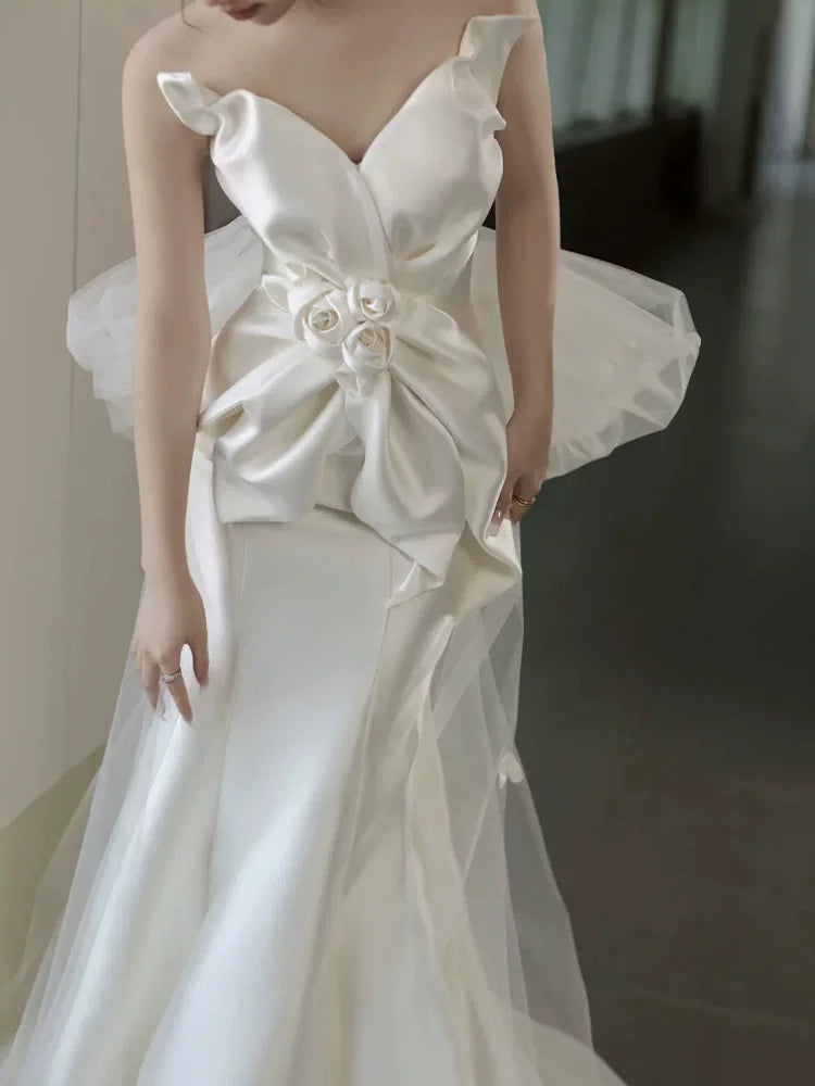 Casual Strapless Satin Mermaid Wedding Dress With Bow Train Tulle Appliques Bridal Dress AP6957