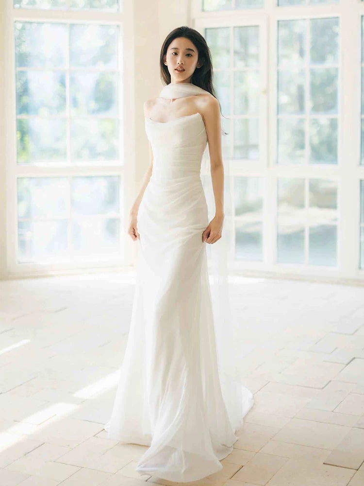 Enchanting Strapless Mermaid Wedding Dress Pleated Tulle Bridal Dress AP6966