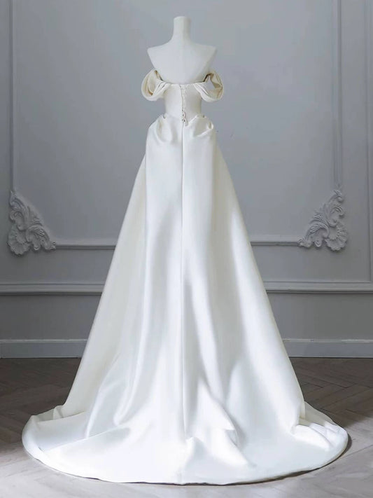 Splendid Off-Shoulder A-Line Wedding Dress Beading Satin Bridal Dress AP6972