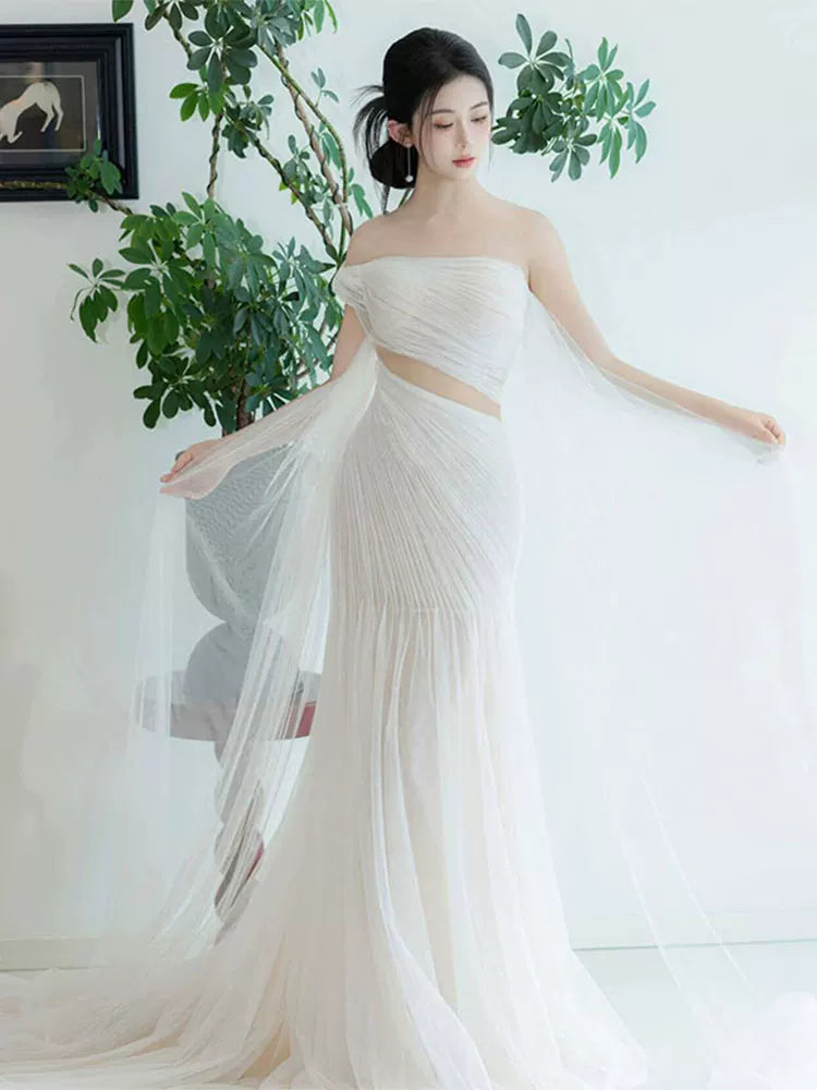 Fresh Cutout Mermaid Wedding Dress One Shoulder Backless Tulle Bridal Dress AP6977