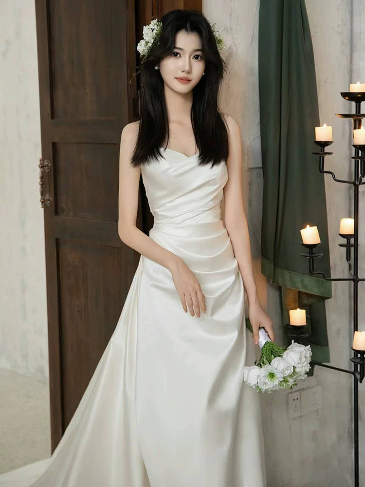 Cozy A-Line Strapless Wedding Dress Ideas Pleated Satin Bridal Dress AP6980